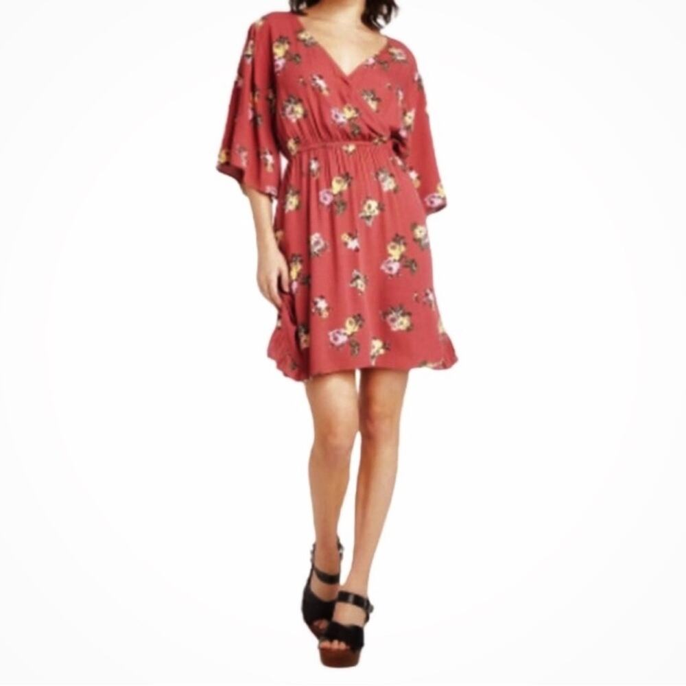 Xhilaration Pink Multicolor Floral Rosewood Print Elbow Sleeve Wrap Dress, XS